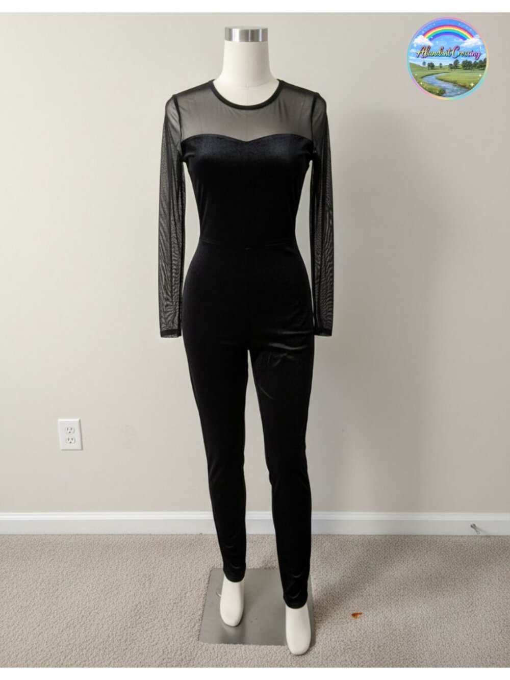 Velvet Mesh Patchwork Bodycon Jumpsuit Long Sleeve One Piece Clubwear
